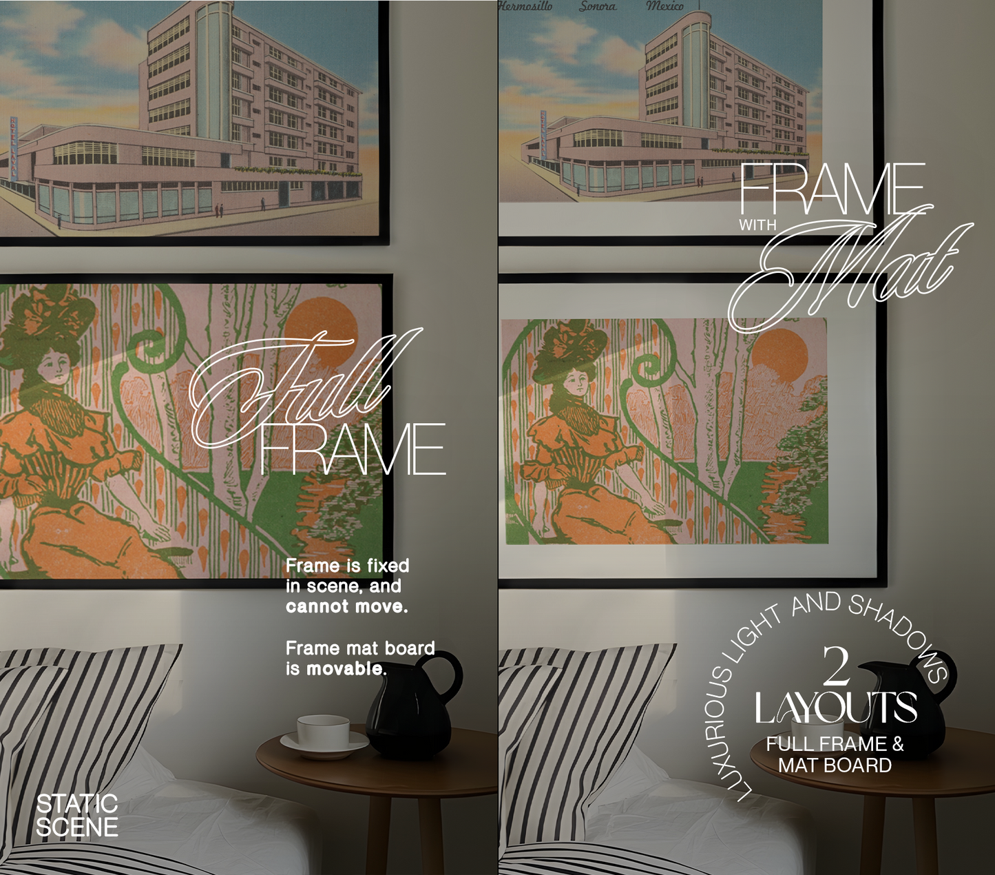 DIN A Set of Two Black Frames in Bedroom Scene Mockup