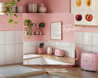 DIN A Wood Frame in Cute Pink Kitchen Mockup