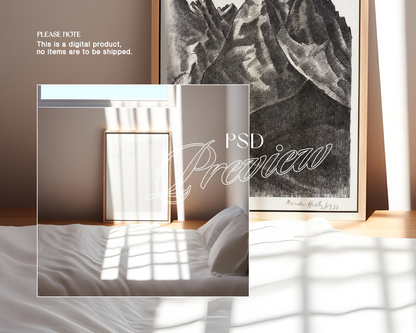 DIN A Wood Frame Bedroom with Sunlight Mockup