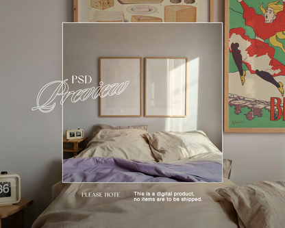 Set of Two Frames Lilac Sheets Bedroom Mockup