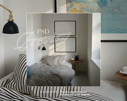 DIN A Set of Two Black Frames in Bedroom Scene Mockup