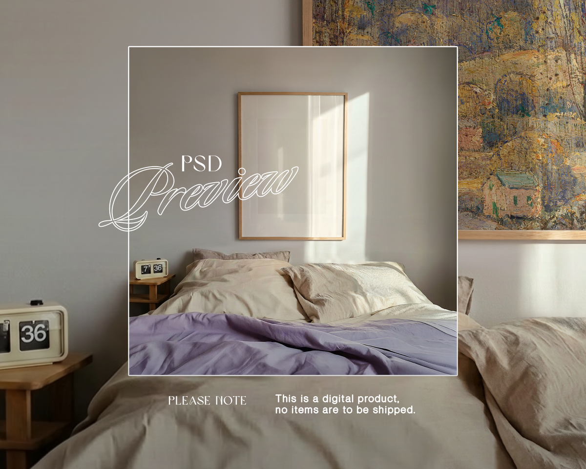 Vertical Frame Lilac Sheets Bedroom Mockup