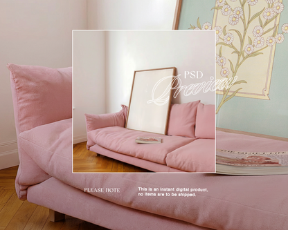 DIN A Frame on Pink Couch Side-Angle View Mockup