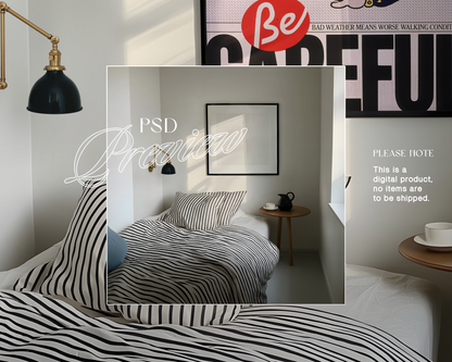 Square Black Frame in Minimalist Bedroom Mockup