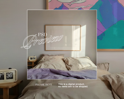 Landscape Frame Lilac Sheets Bedroom Mockup