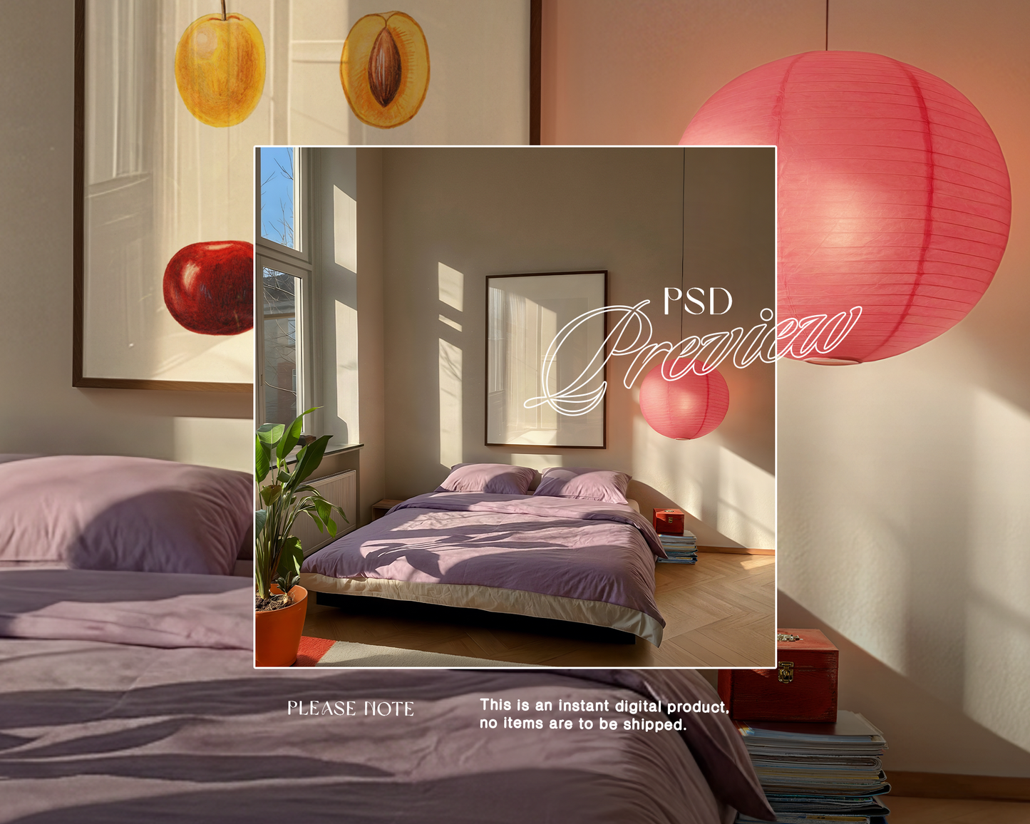 DIN A Vertical Frame Vibrant Bedroom Mockup
