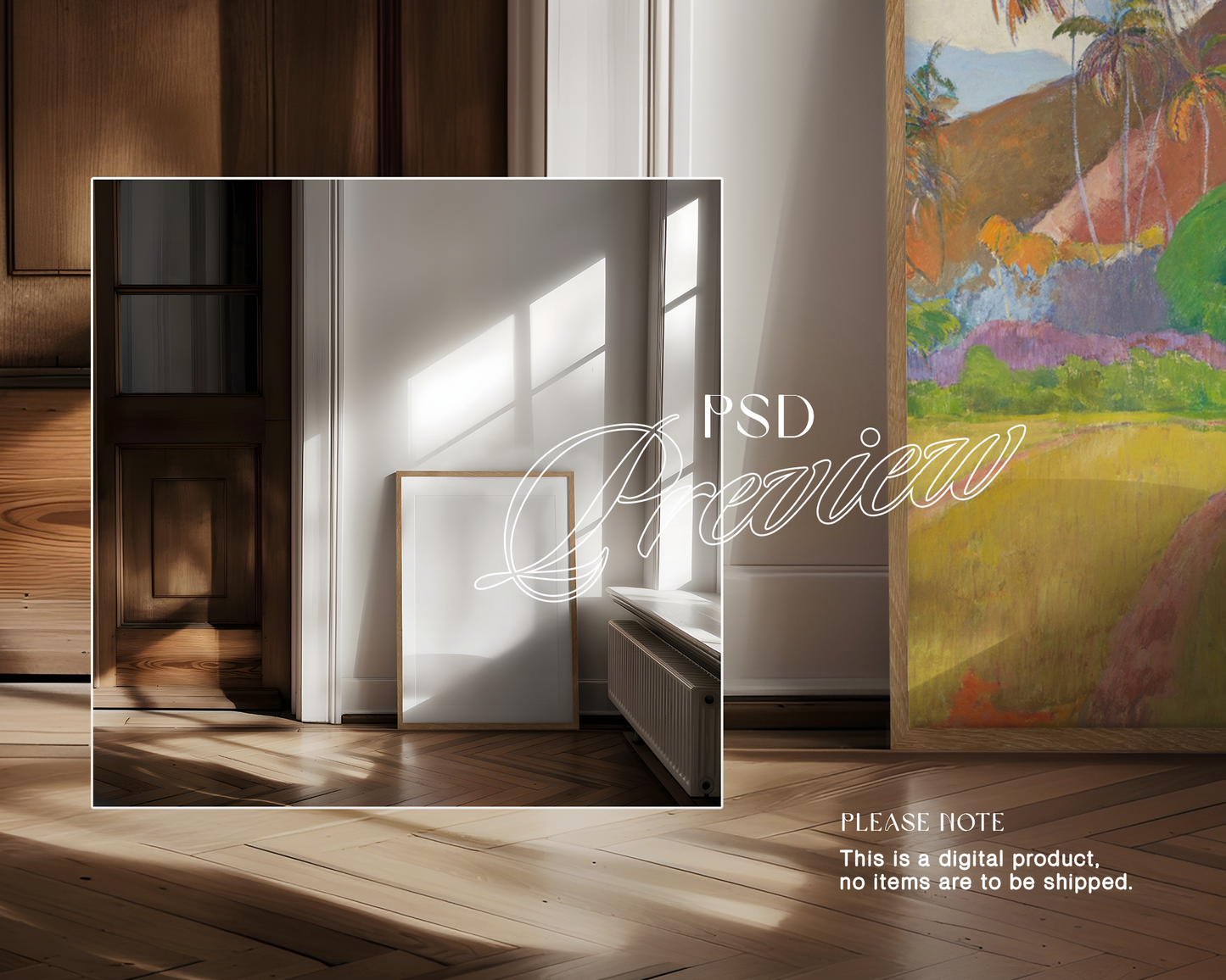 DIN A Wood Leaning Frame Sunlit Mockup