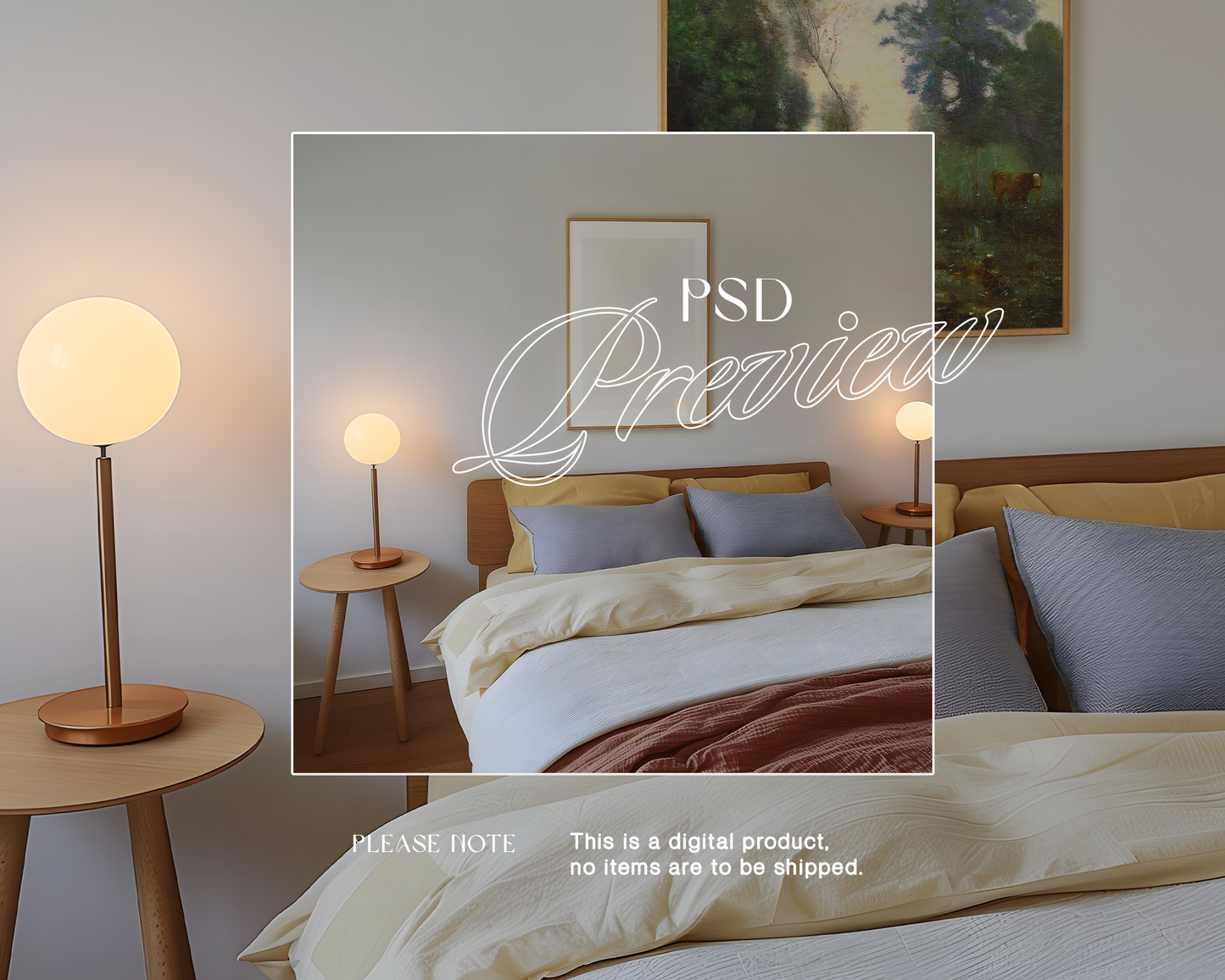 DIN A Wood Frame Bedroom Retro Mockup