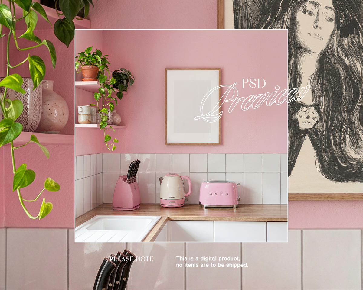 DIN A Vertical Frame in Pink Kitchen Mockup