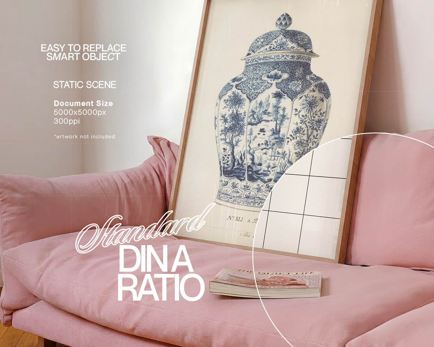 DIN A Frame on Pink Couch Side-Angle View Mockup