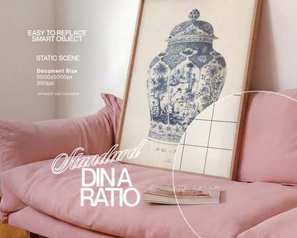 DIN A Frame on Pink Couch Side-Angle View Mockup