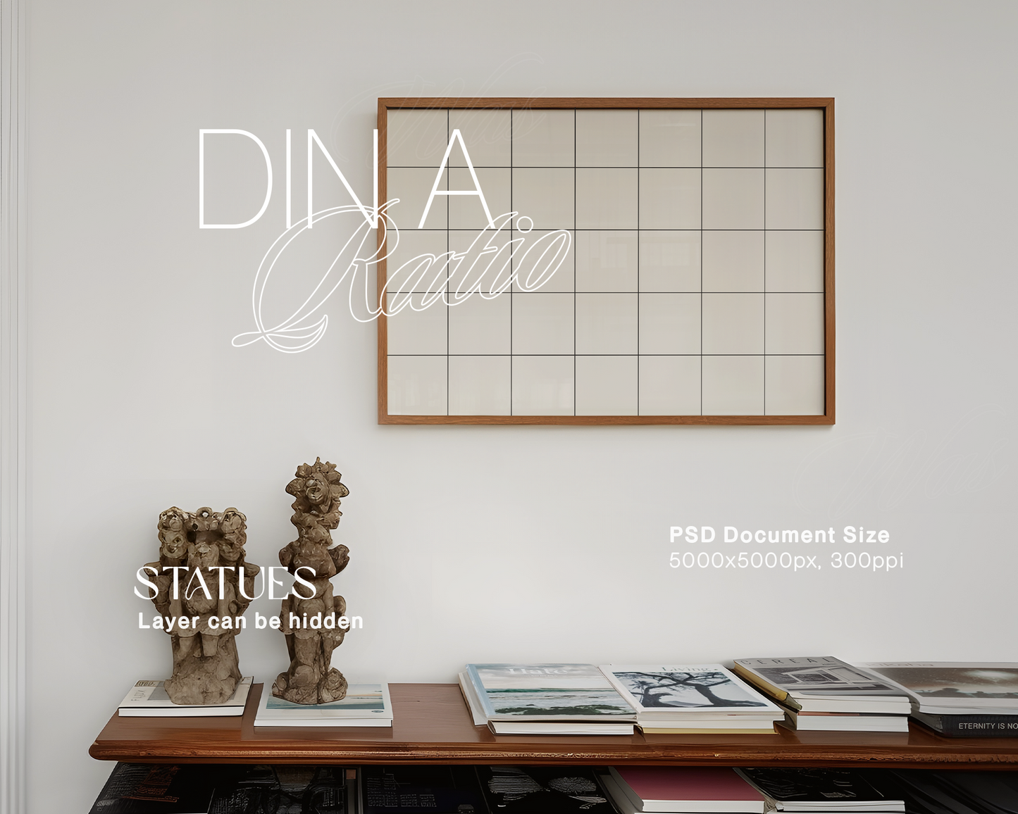 DIN A Landscape Frame with Removable Statues Mockup