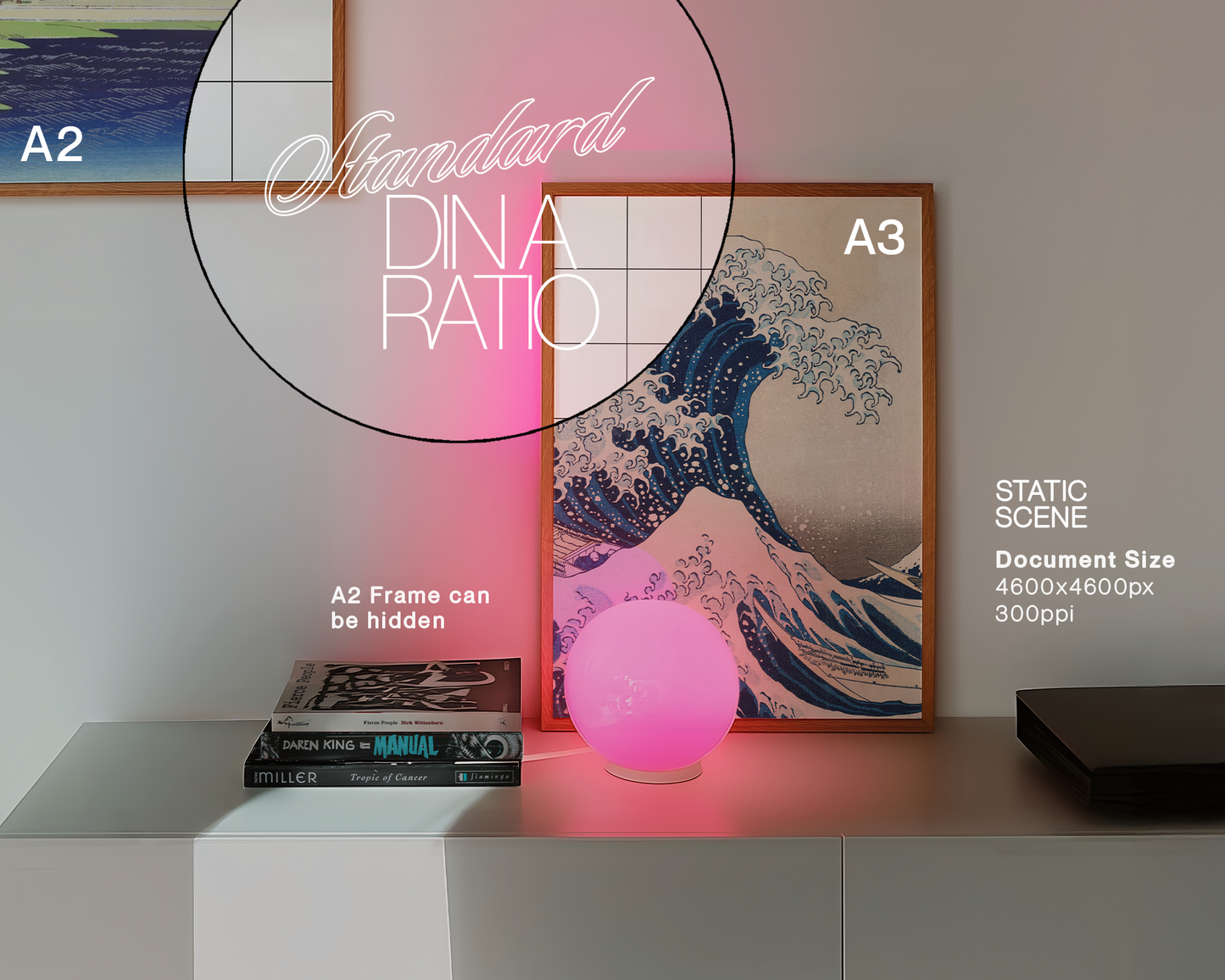 DIN A3 and Optional A2 Frame Pink Lamp Mockup