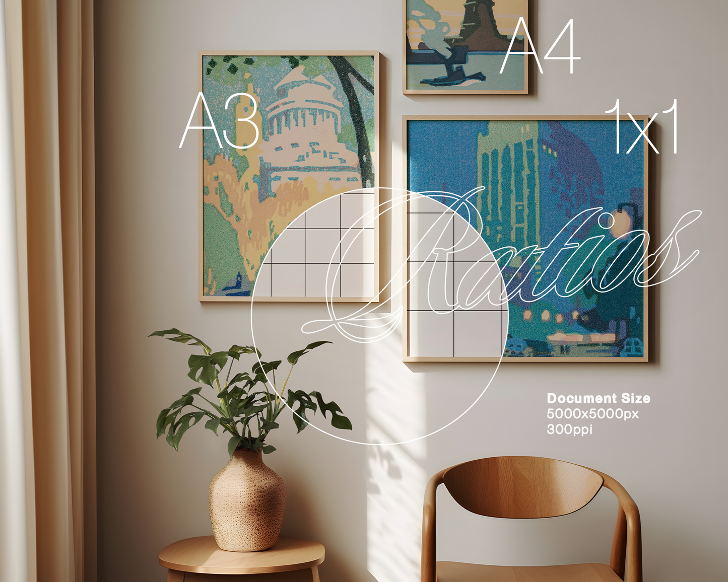 A3, A4 and 1x1 Frame Gallery Wall Sunlight Mockup
