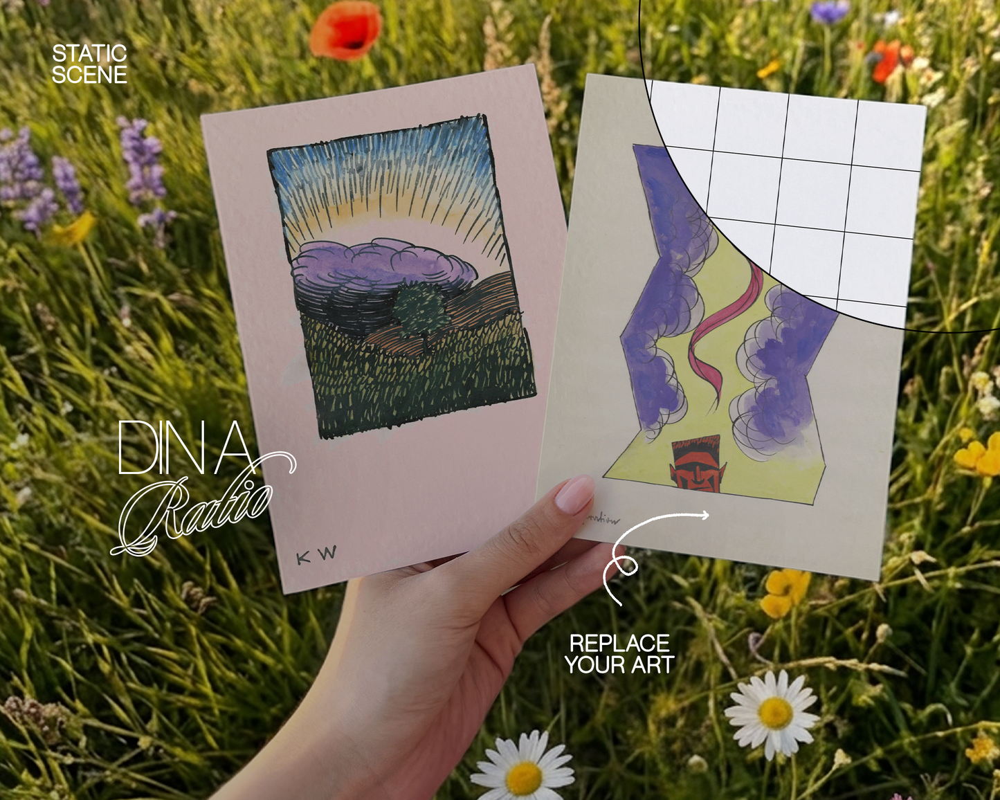 Two A5 Posters in Meadow with Wildflowers Mockup