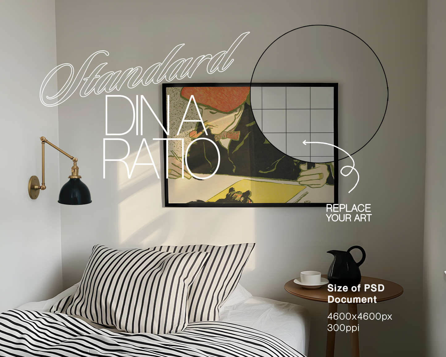 DIN A Landscape Black Frame in Bedroom Scene Mockup
