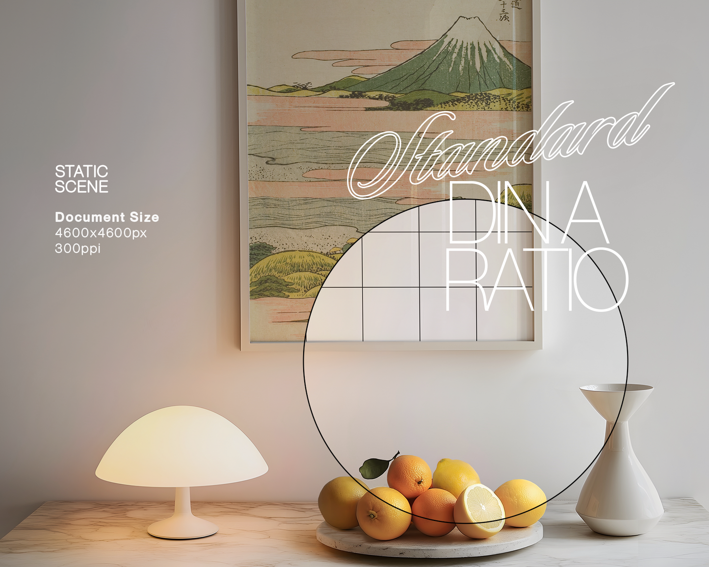 DIN A Frame Interior Scene with Oranges Mockup