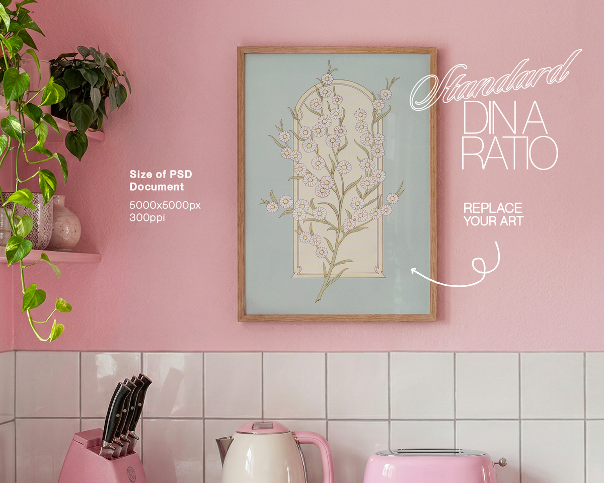 DIN A Vertical Frame in Pink Kitchen Mockup