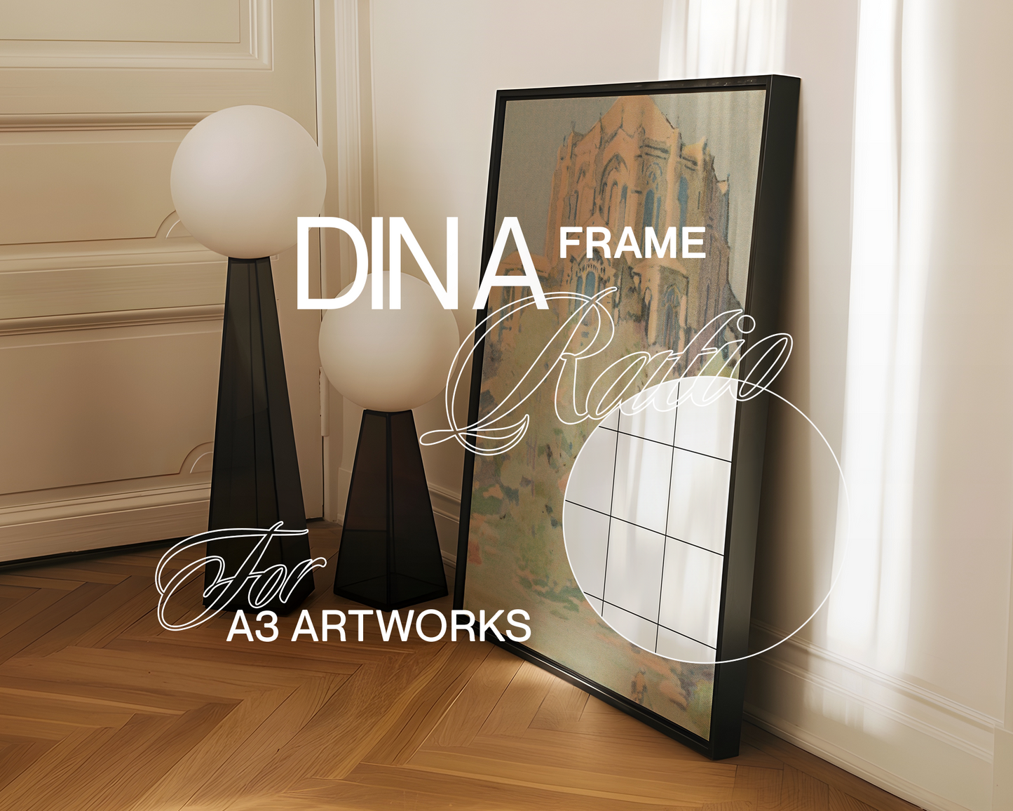 A3 Black Leaning Frame with Modern Lamps Mockup