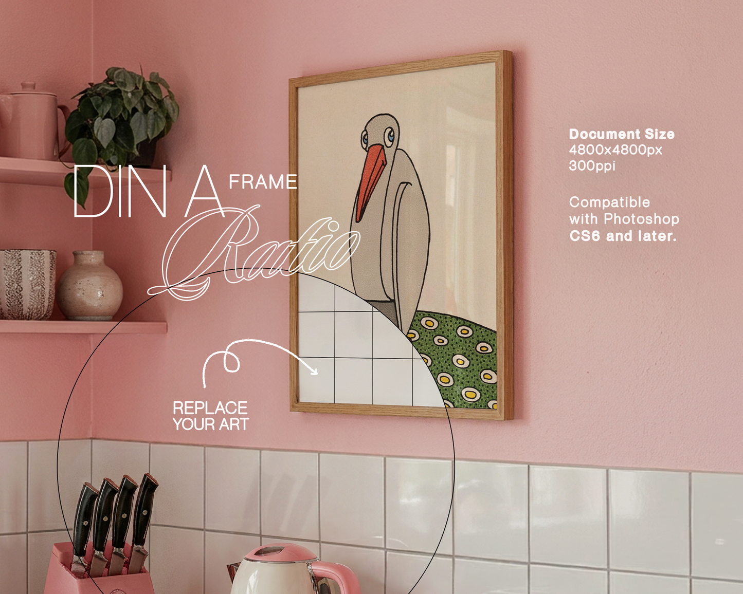 DIN A Wood Frame in Cute Pink Kitchen Mockup
