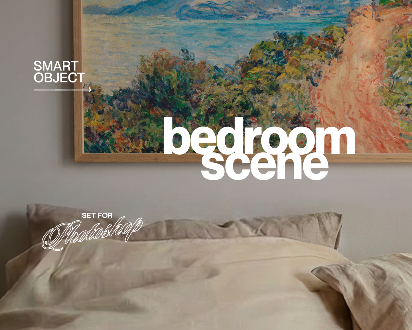 Landscape Frame Lilac Sheets Bedroom Mockup