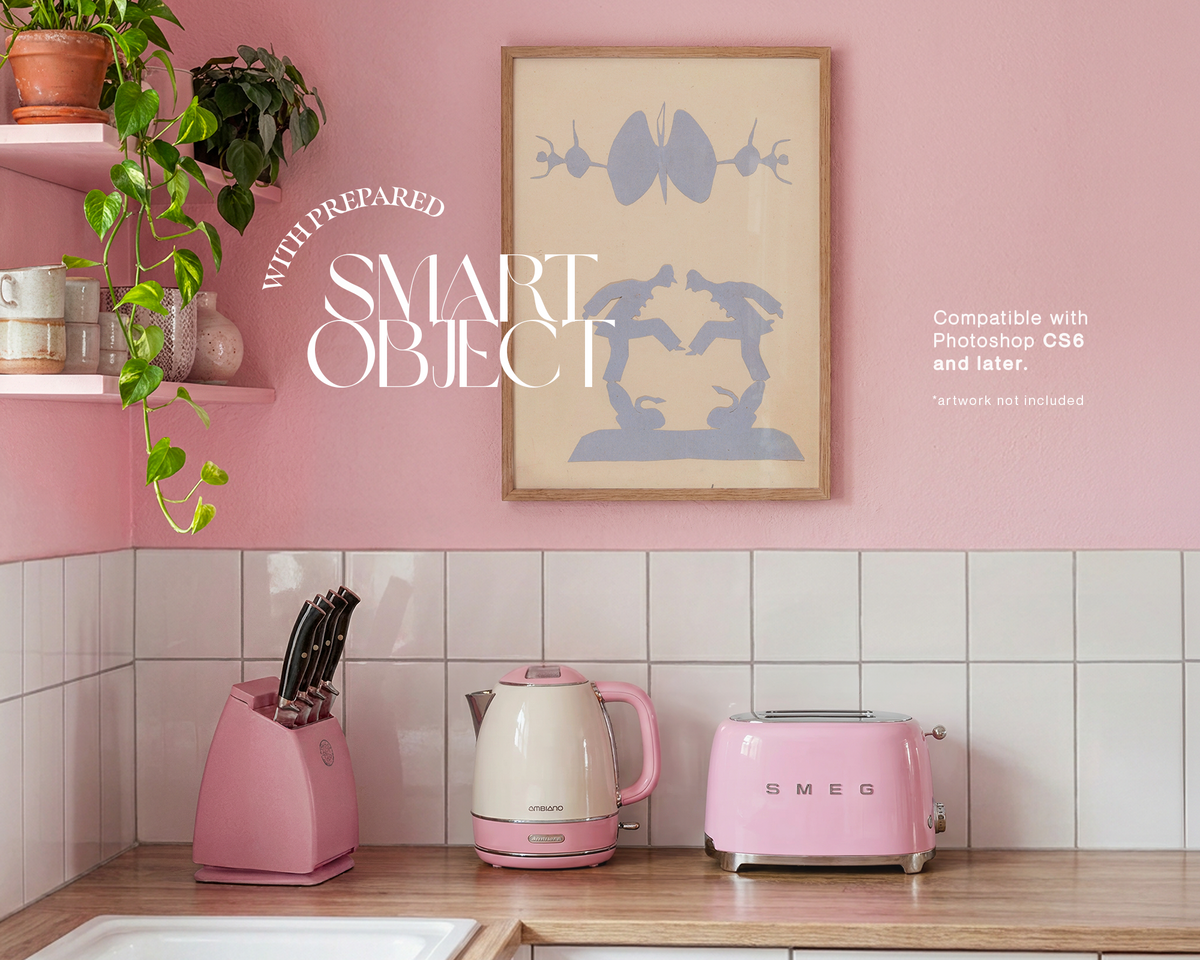 DIN A Vertical Frame in Pink Kitchen Mockup
