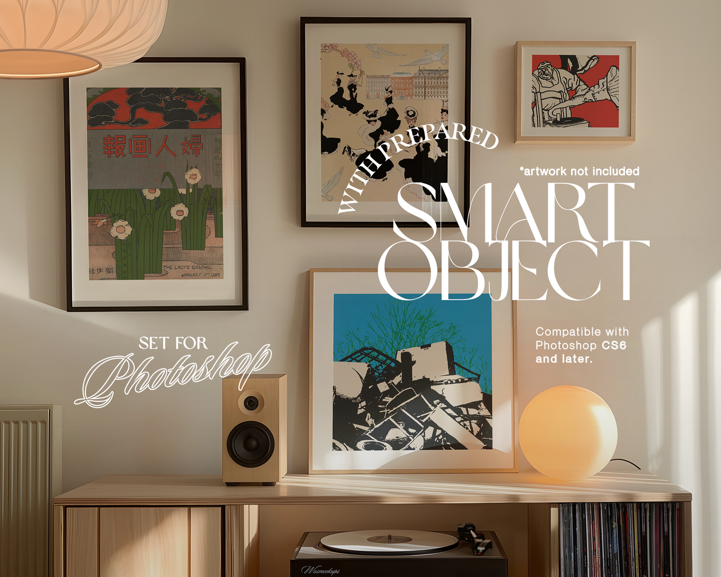 Gallery Wall Mockup in Retro Scene with Vinyl Mockup