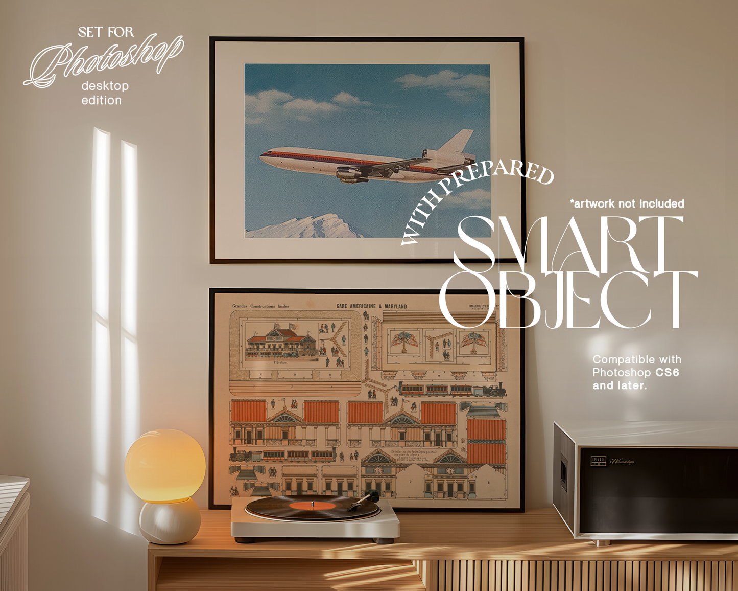 DIN A Landscape Frames Retro Scene Vinyl Player Mockup