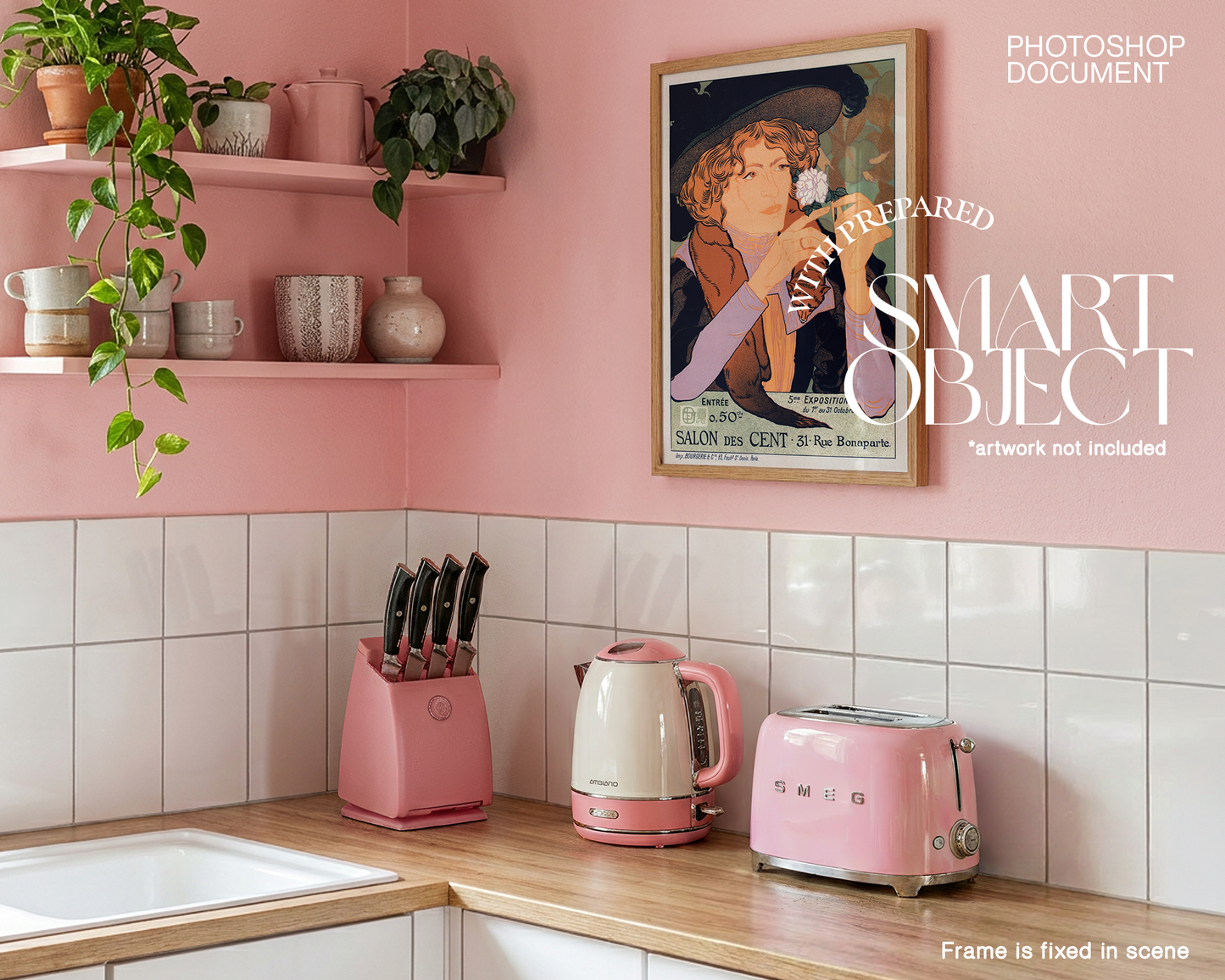 DIN A Wood Frame in Cute Pink Kitchen Mockup