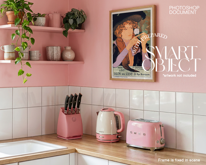 DIN A Wood Frame in Cute Pink Kitchen Mockup