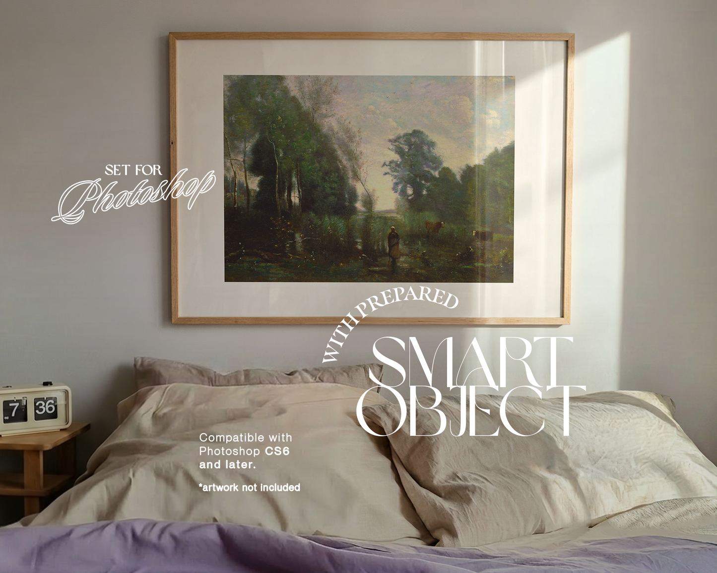 Landscape Frame Lilac Sheets Bedroom Mockup